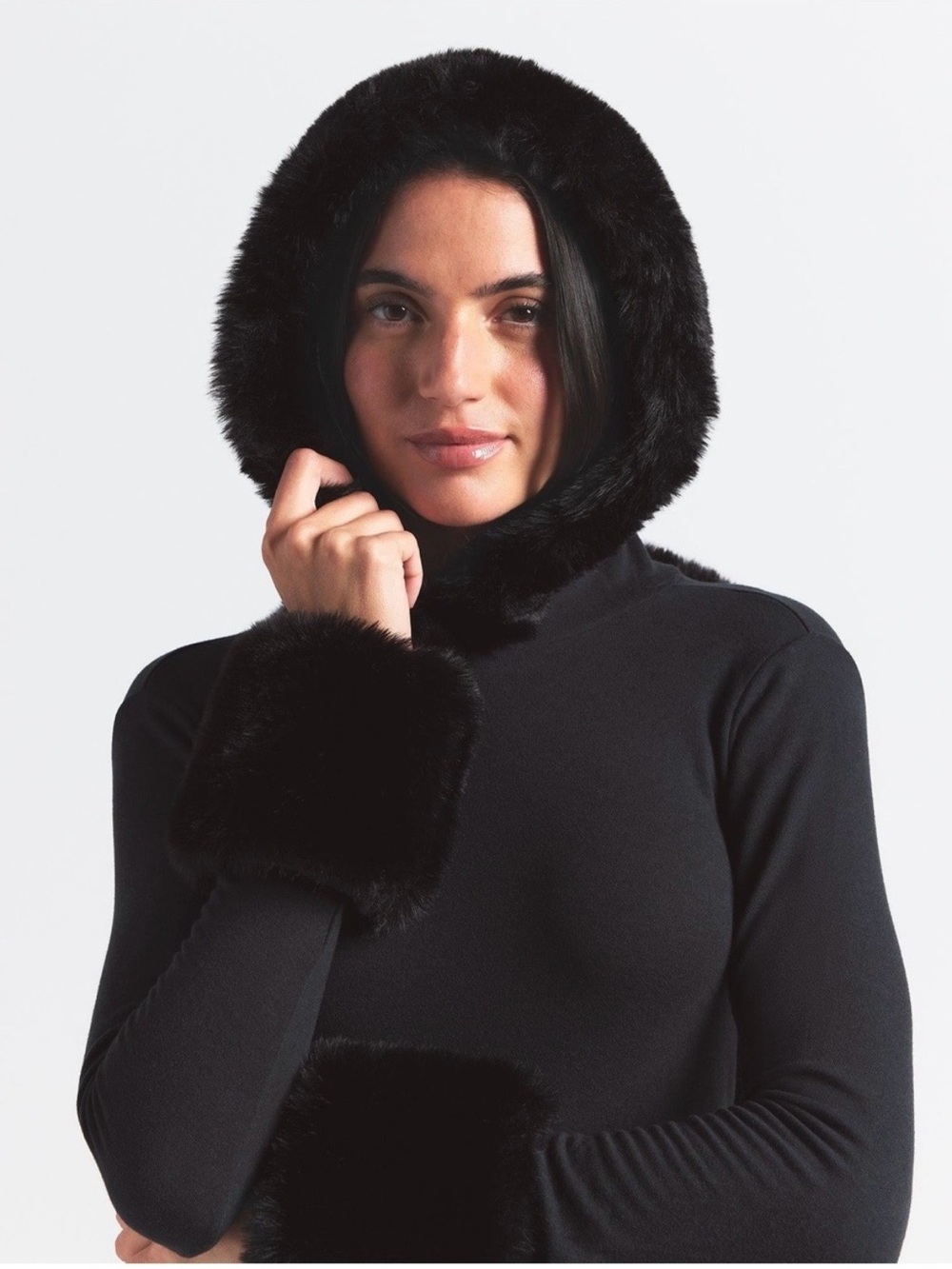 SKIMS Black Hooded Cloud Jumpsuit with Faux-Fur Trim and Satin Waist Tie - Picture 4 of 5